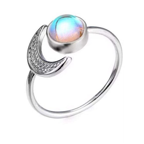 OPEN Crescent Moon and Faux Moonstone Silver Ring - Picture 2 of 8